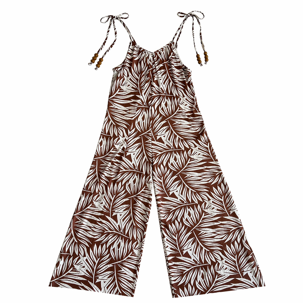 Harlow & Rose Womens Jumpsuit Leaf Print Tie Strap Wide Leg L Brown White